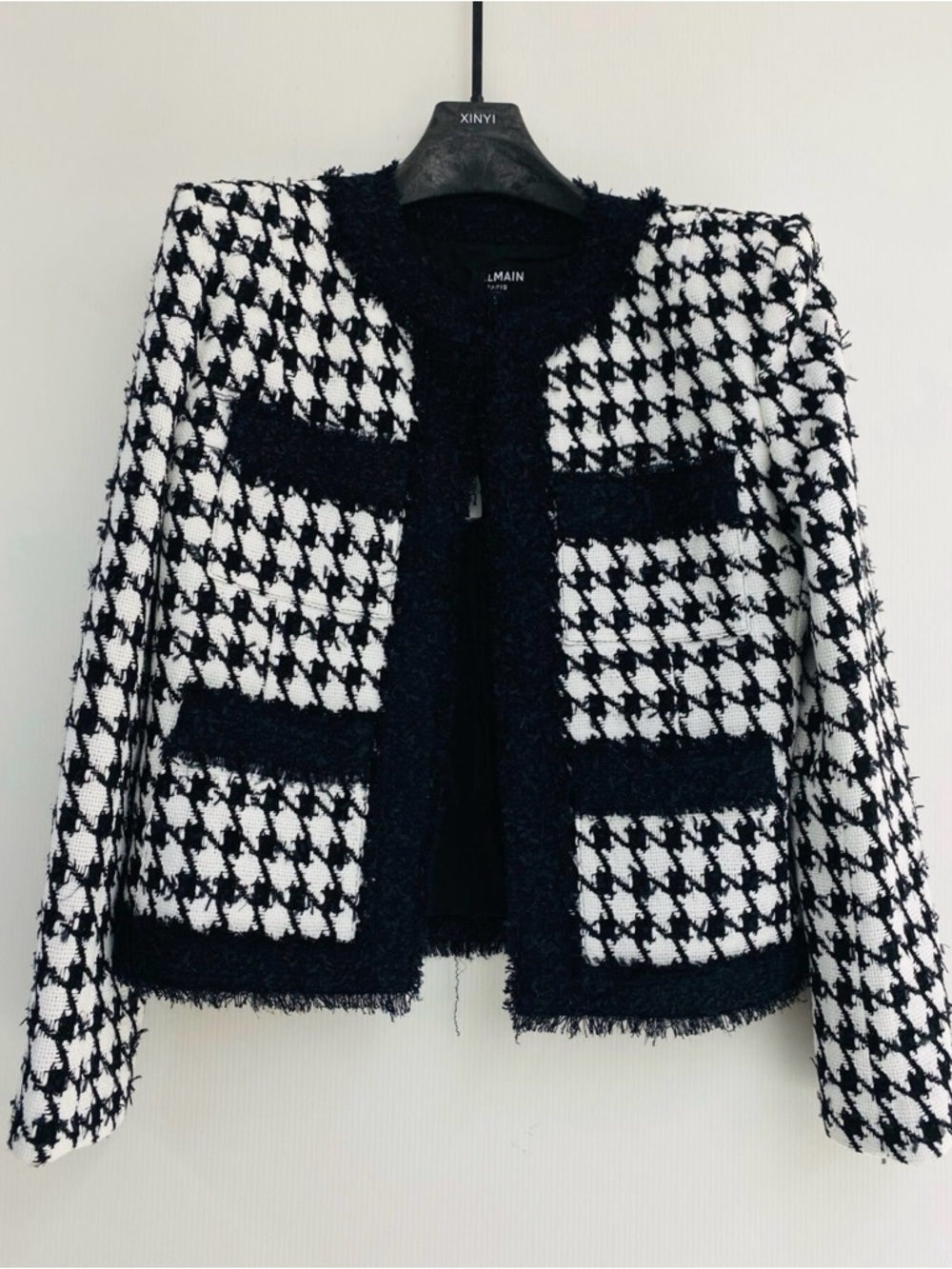 Authentic Balmain Black & White Houndstooth Tweed Blazer
